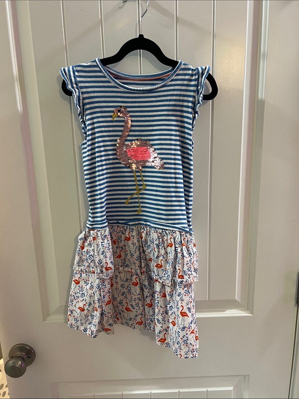 Mini Boden Blue and White Striped Dress with Pink Sequin Detail